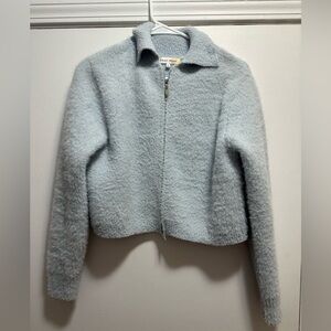 Baby blue fuzzy double zipper jacket